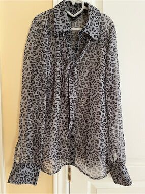 Sheer Leopard Print Tie-Neck Blouse - Gray